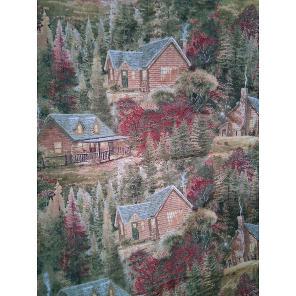 David Textiles Fabric Cotton  "Thomas Kinkade"  Log Cabin Trees  Fall  72x46" - Picture 1 of 2